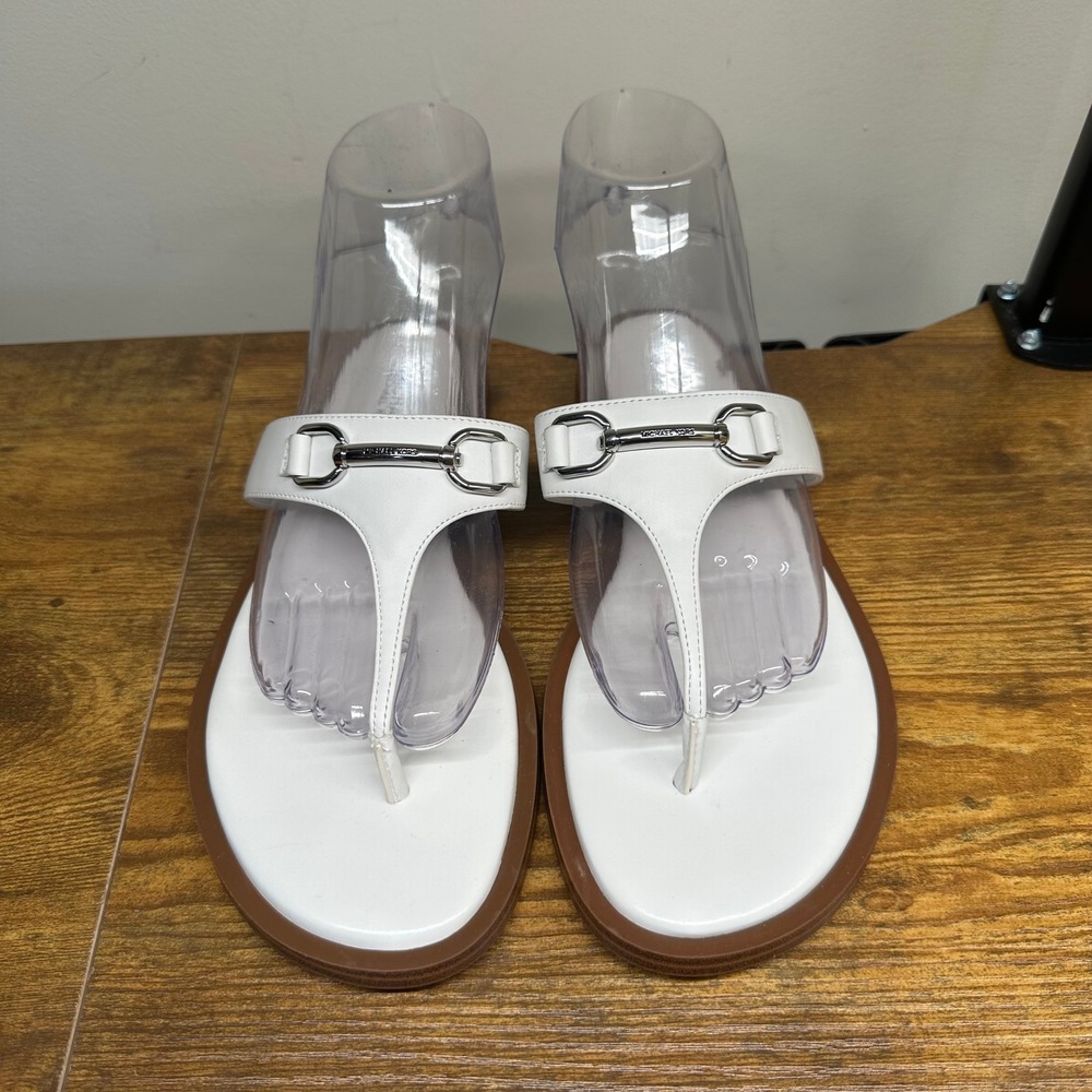 Michael Kors Carson White Leather Sandals Silver Horsebit Slides 7M PV25E